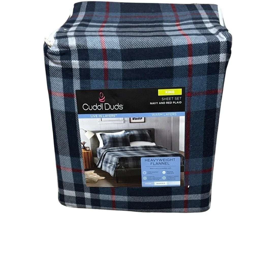 Cuddl Duds Blue and Red Plaid Flannel King Sheet Set Winter Fall GIFT NWT